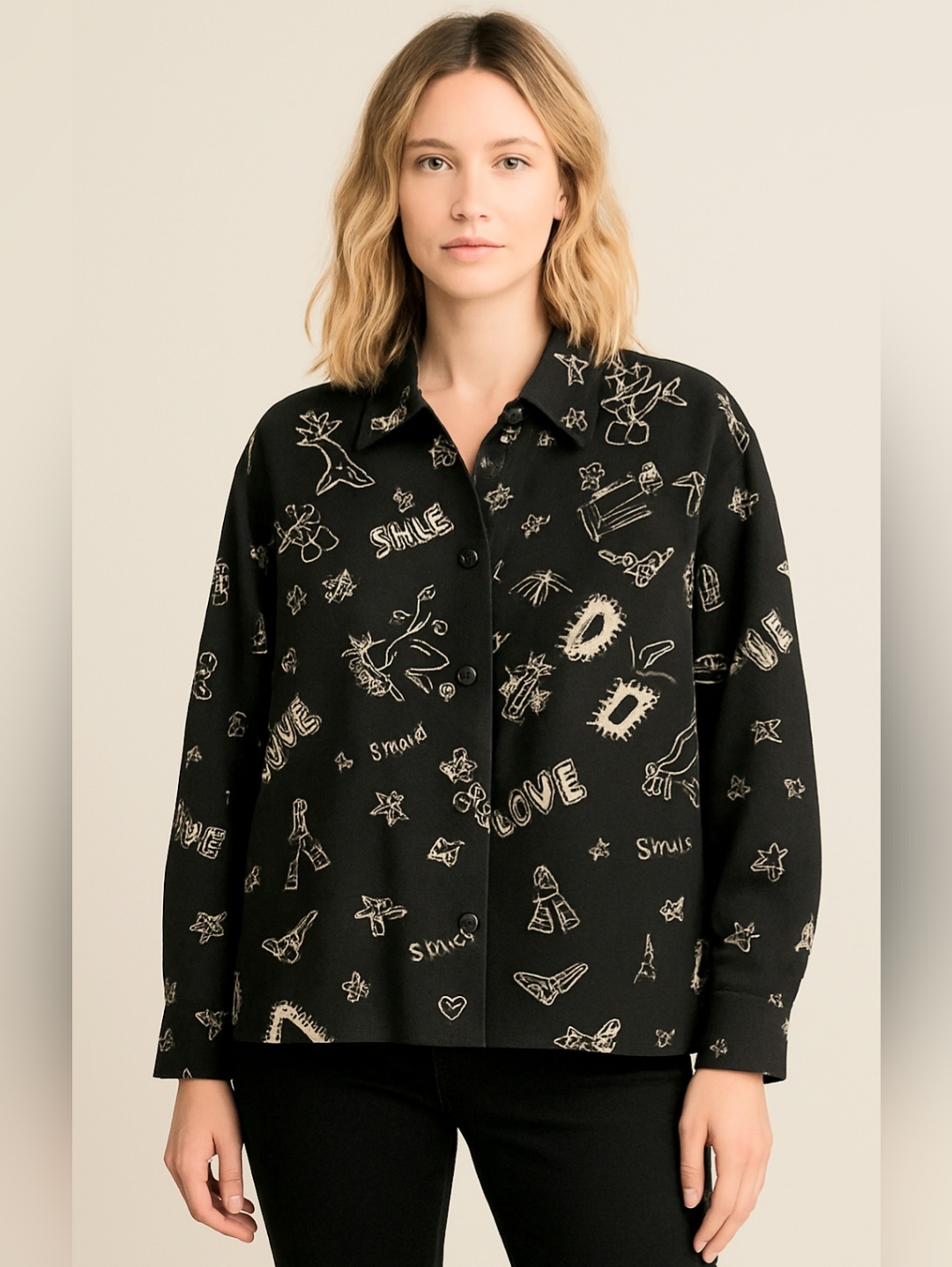 Black & White Silk/Linen Blend Button-Up Shacket Artsy Teacher